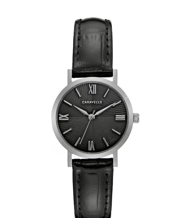 Caravelle Black Leather Fine Stainless Watch