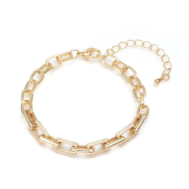Box Polished & CZ Link Bracelet in Yellow Gold