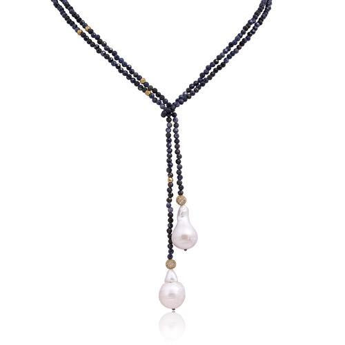 In2 Designer Collection Blue Sapphire Beads & Boraque Pearls Tie Front Necklace