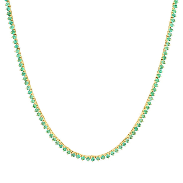 1.5mm Delicate Three Prong Emerald Tennis Necklace in Yellow Gold