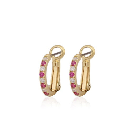 Small Thin Pink CZ Hoop Earrings In Yellow Gold