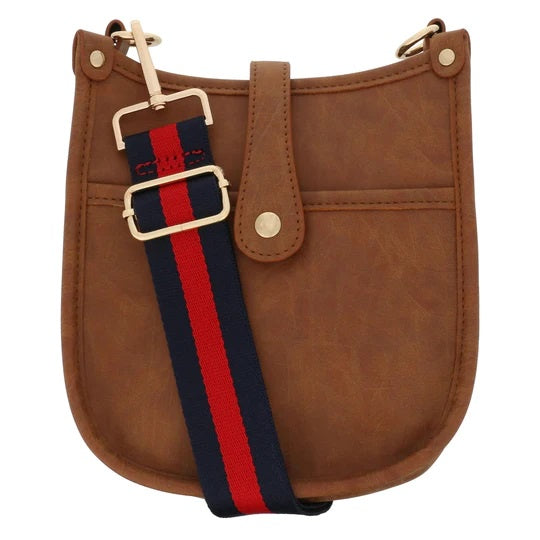 Milly Kate's Mini Weathered Brown Crossbody Bag with Navy & Red Stripe Strap