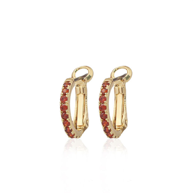 Small Thin Red CZ Hoop Earrings In Yellow Gold