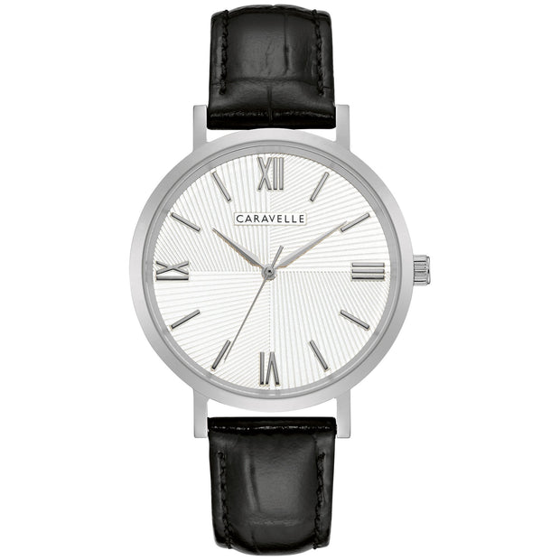 CARAVELLE Striped White Face Black Leather Watch