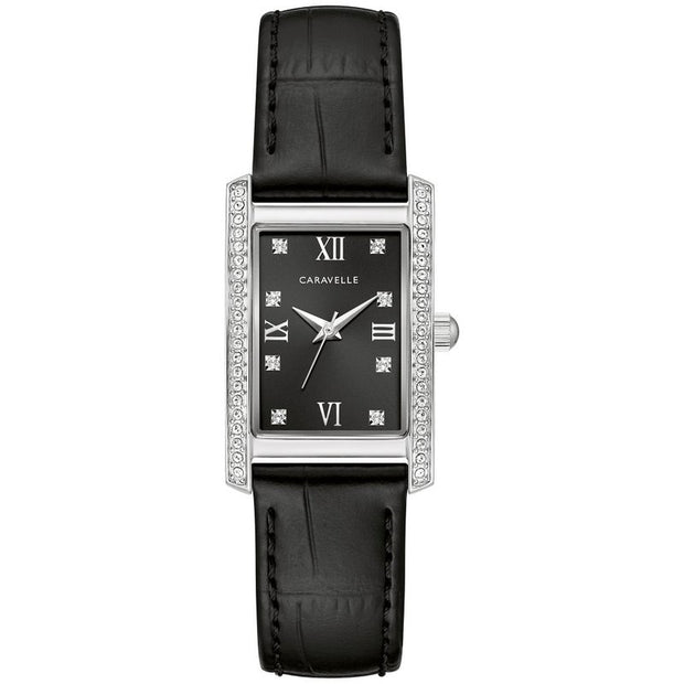 Caravelle Crystal Ladies Stainless Steel Black Croc Leather Watch