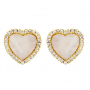 Mother of Pearl CZ Border Heart Studs in Yellow Gold