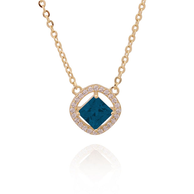 Square Blue CZ Solitaire Halo in Yellow Gold