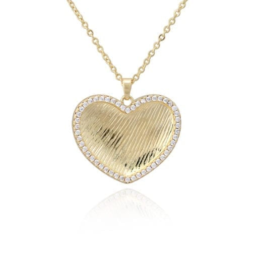 CZ Outline Brushed Heart Pendant In Yellow Gold
