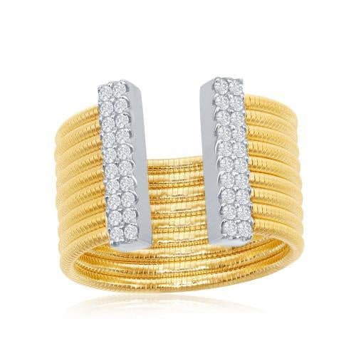 Ribbed Lined CZ Tips Ring In Yellow Gold