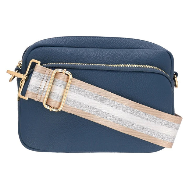 Milly Kate's Blue Camera Bag with Beige & Silver Stripe Strap