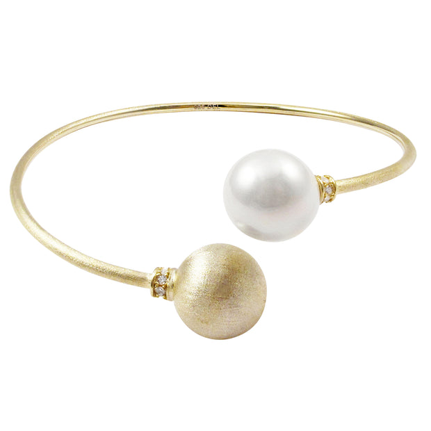 Brushed Gold Ball & White Pearl Bangle