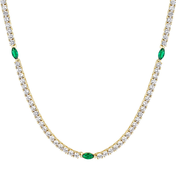 CZ & Emerald Marquis Tennis Necklace in Yellow Gold