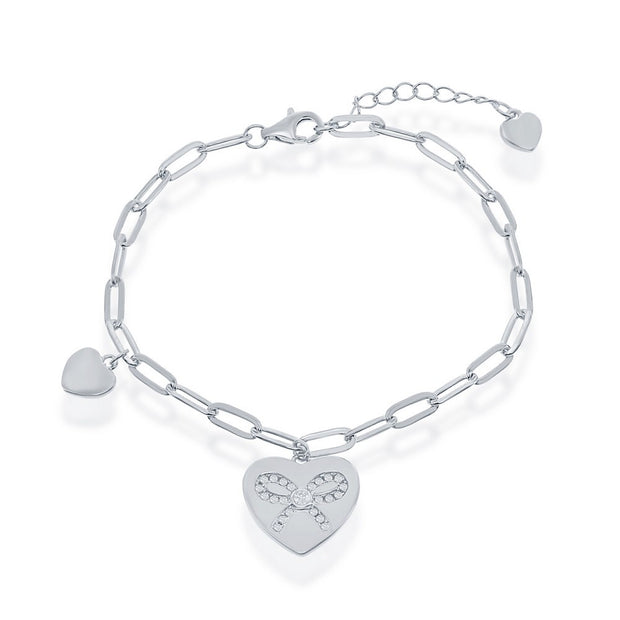 Heart with CZ Ribbon Paperclip Bracelet in White Gold