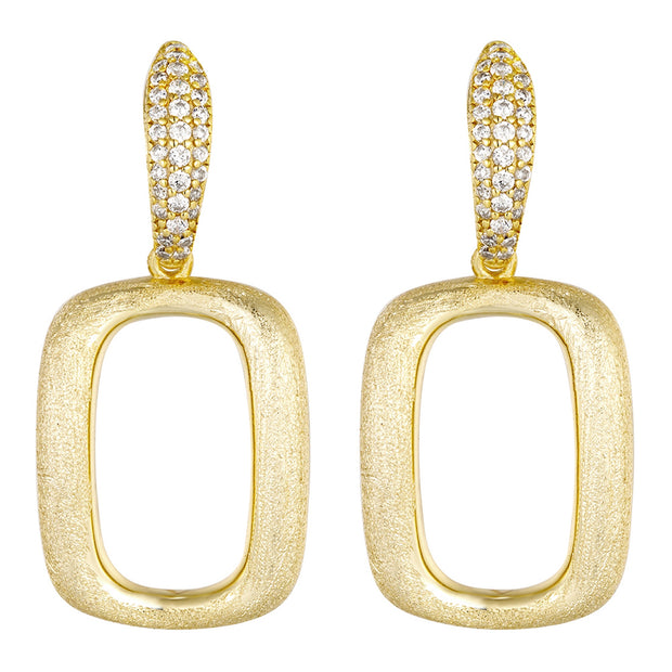 Open Square Brushed CZ Hoop Post Earring in Yellow Gold