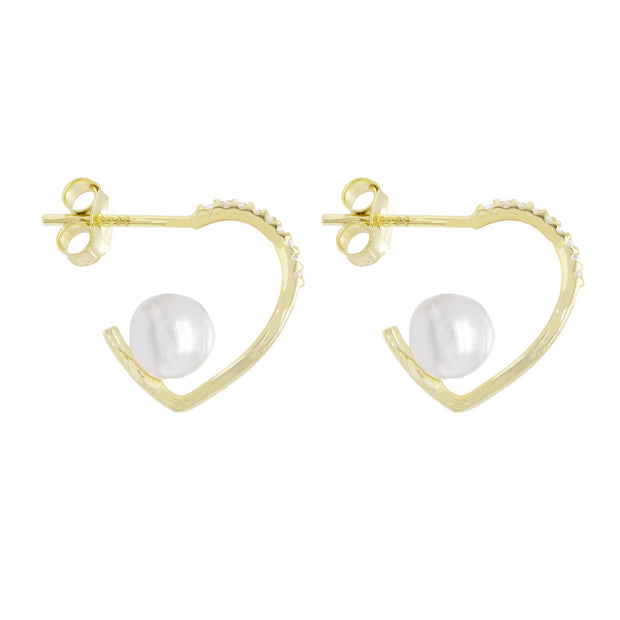 Pearl on Half CZ Heart Hoop in Yellow Gold
