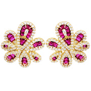 Baguette Ruby CZ Flower Design Studs in Yellow Gold
