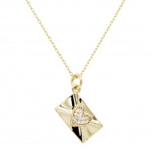 CZ Heart Polished Envelope Pendant in Yellow Gold