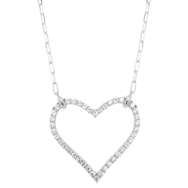 Large CZ Heart on Paperclip Chain Necklace in White Gold