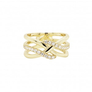 Polished & CZ Crisscross Ring in Yellow Gold
