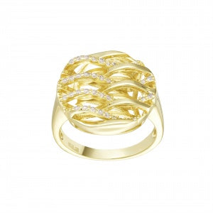 Wavy Polished & CZ Round Ring in Yellow Gold