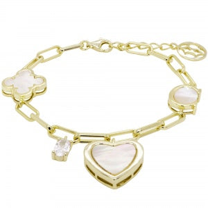 Clover, Heart & Oval Mother of Pearl Charm Paperclip Bracelet