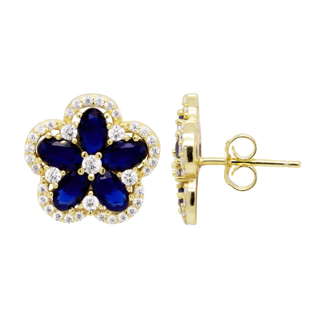 Five Petal CZ Sapphire Halo Flower Studs in Yellow Gold