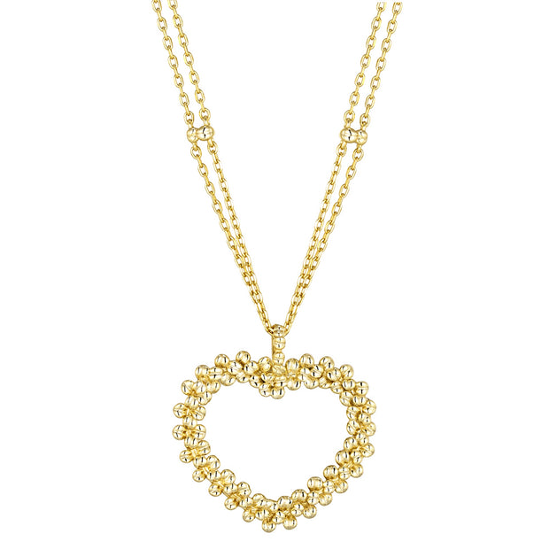 Polished Beaded Open Heart Pendant in Yellow Gold