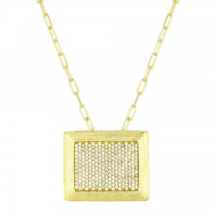 Matte & CZ Pave Tile Necklace in Yellow Gold