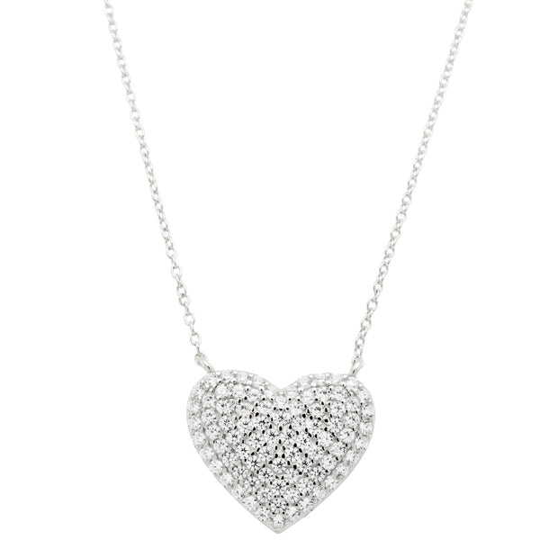 Wide Puffed CZ Pave Heart Necklace in White Gold