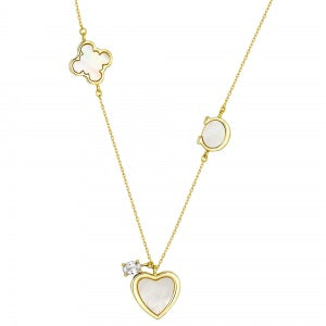 Clover, Oval & Floating Heart MOP Necklace in Yellow Gold