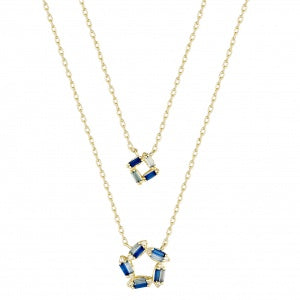 Layered Open CZ Baguette Circles Necklace in Blue