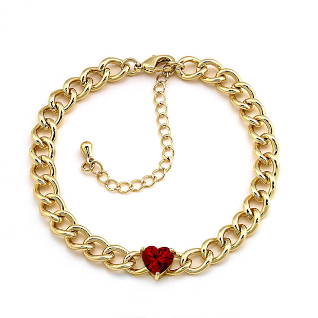 Cuban Link Chain with Red Heart Stone Bracelet