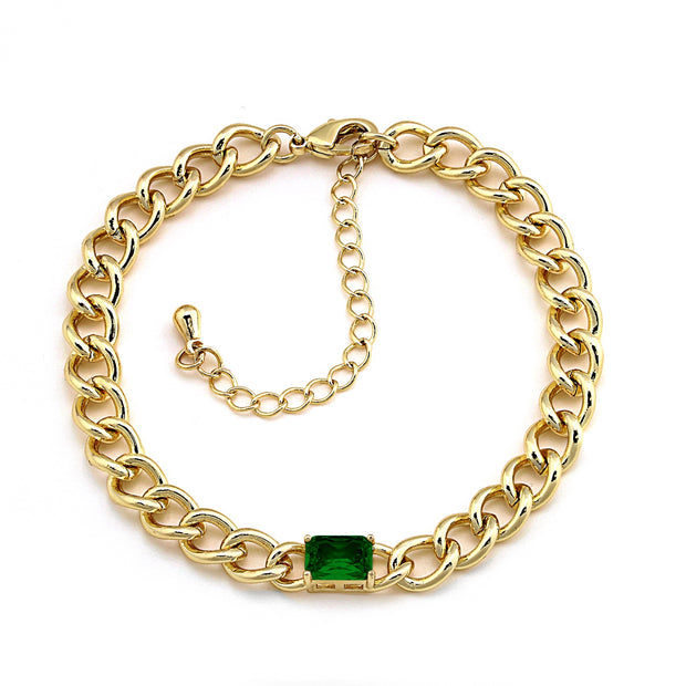 Cuban Link Chain with Green Rectangle Stone Bracelet
