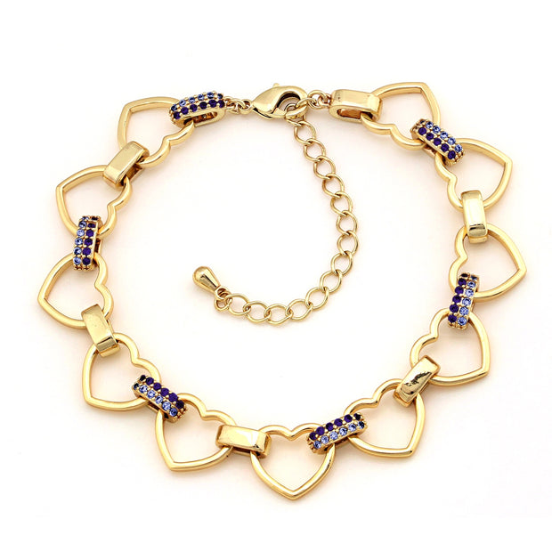 Open Heart Link & Blue CZ Link Bracelet in Yellow Gold