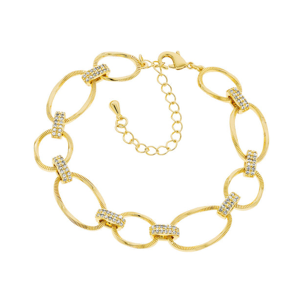 Oval & Round Textured Link CZ Bracelet in Yellow Gold