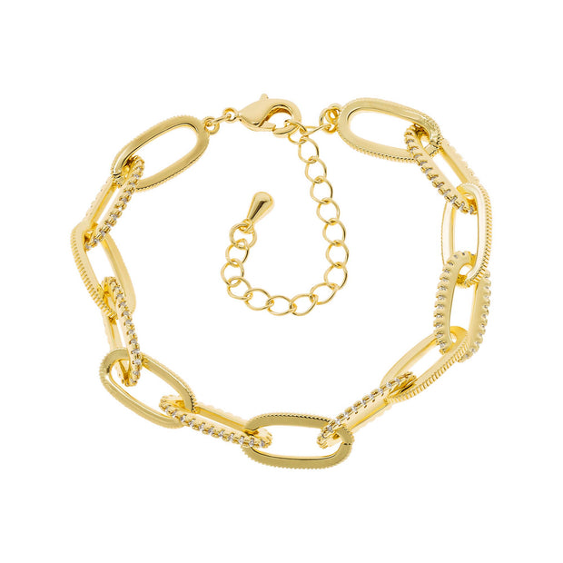 Ribbed & CZ Link Bracelet in Yellow Gold