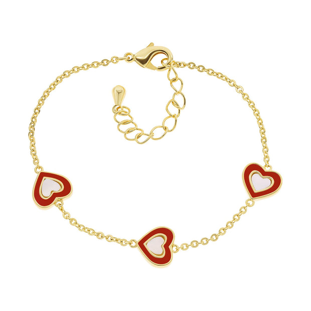 Red Enamel Mother of Pearl Hearts Bracelet in Yellow Gold