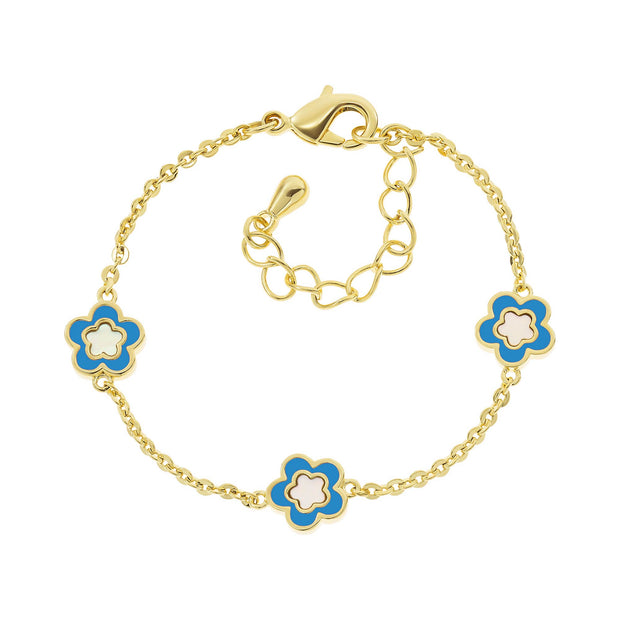 Blue Enamel Mother of Pearl Flowers Bracelet in Yellow Gold
