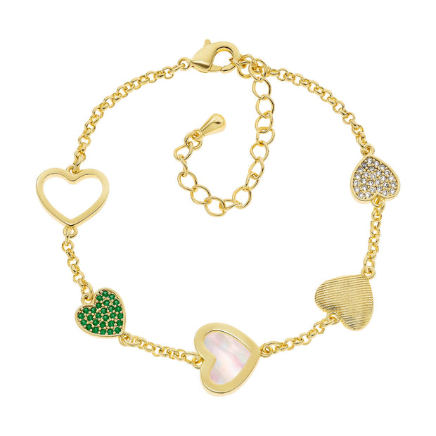 Varied Mother of Pearl & Green CZ Hearts Bracelet