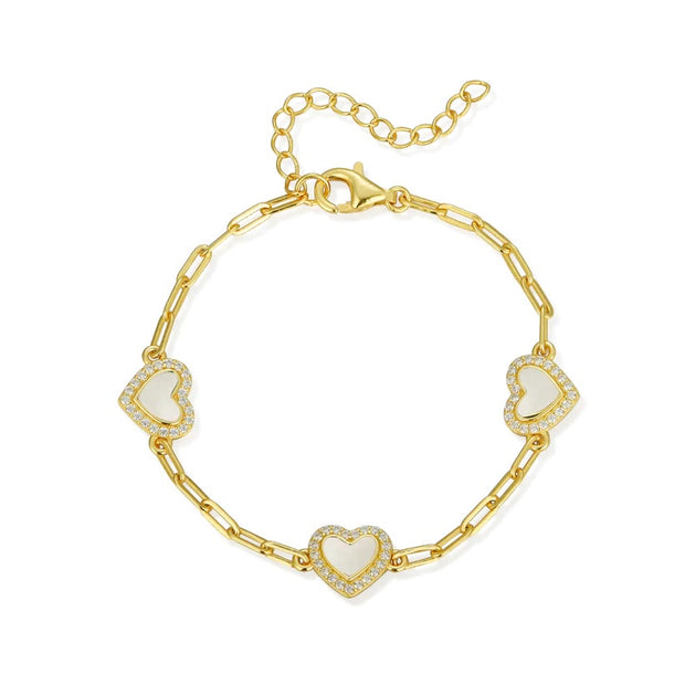 Petite Triple CZ MOP Heart on Paperclip Bracelet in Yellow Gold