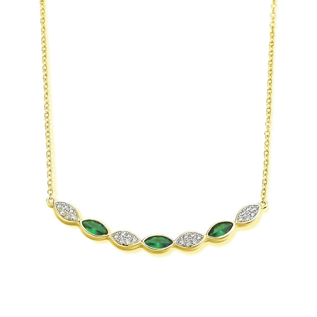 Emerald & CZ Pave Marquis Bar Necklace in Yellow Gold