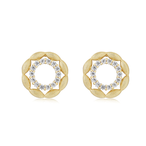 Brushed Open CZ Circle Studs in Yellow Gold