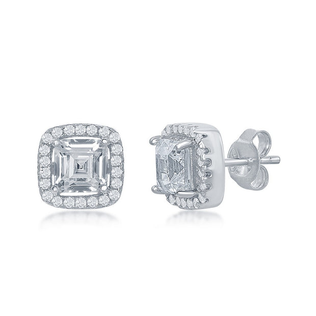 White Gold Square Cz Halo Stud