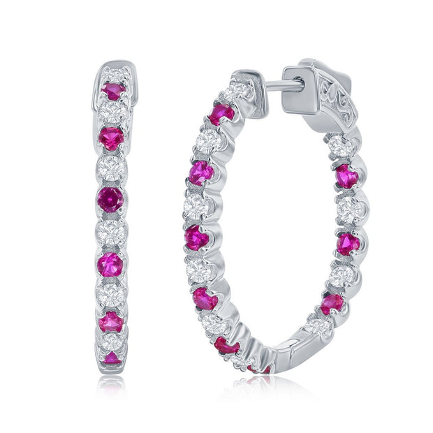 Ruby & CZ Round Hoops in White Gold