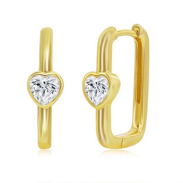 Bezel CZ Heart Polished Rectangle Hoop in Yellow Gold