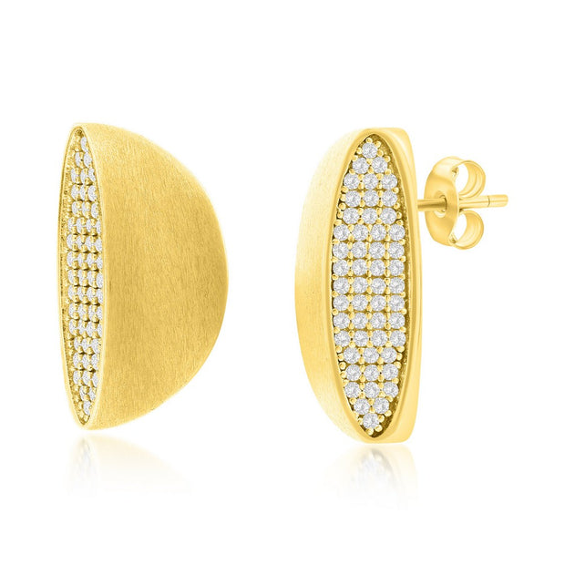Pave CZ & Matte Half Circle Studs in Yellow Gold