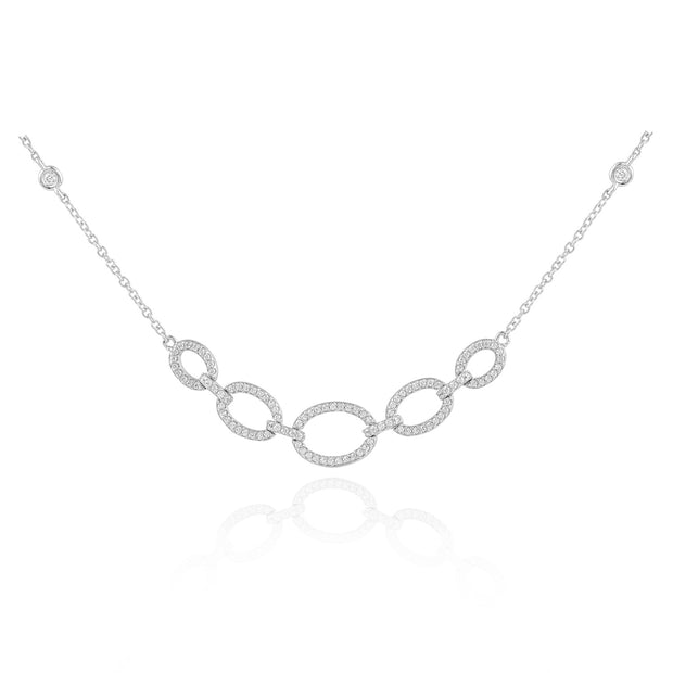 Bezel Set CZ Chain Graduating Link Soft Bar Necklace in White Gold