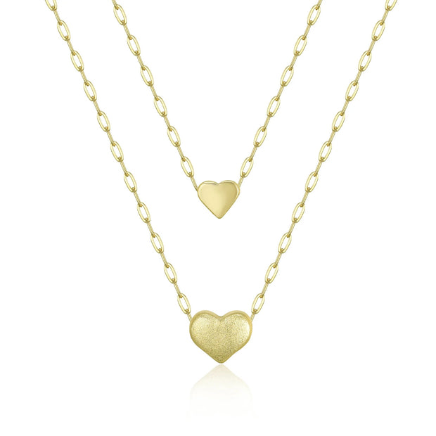 Brushed & Polished Layered Hearts Necklace in Yellow Gold