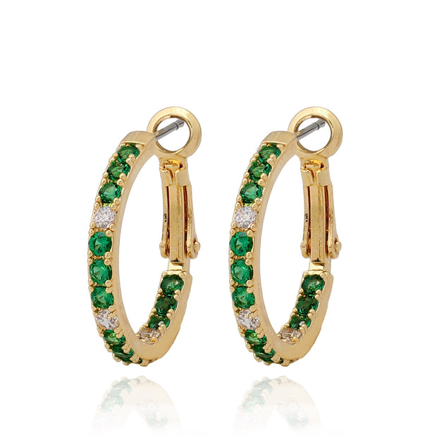 Large Thin Green CZ Hoop Earrings In Yellow Gold