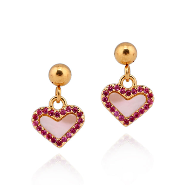 Small Mother of Pearl Heart Fuchsia Ball Top Screw Earring